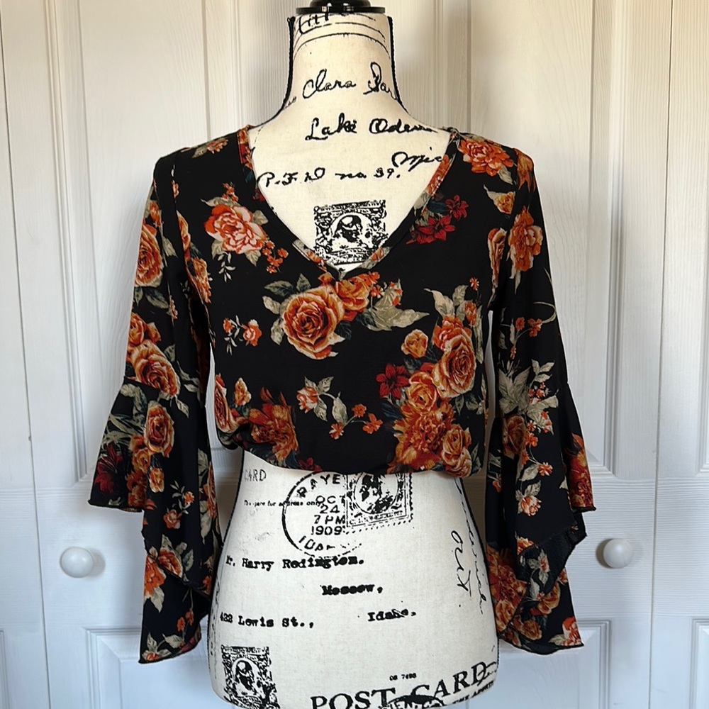 Floral Black and Orange Women's Top